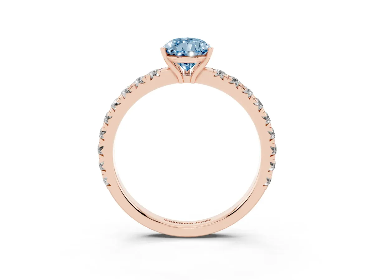 Fancy Blue Pear Cut Diamond Pavé Solitaire Engagement Ring with Four-Prong Setting Rose gold