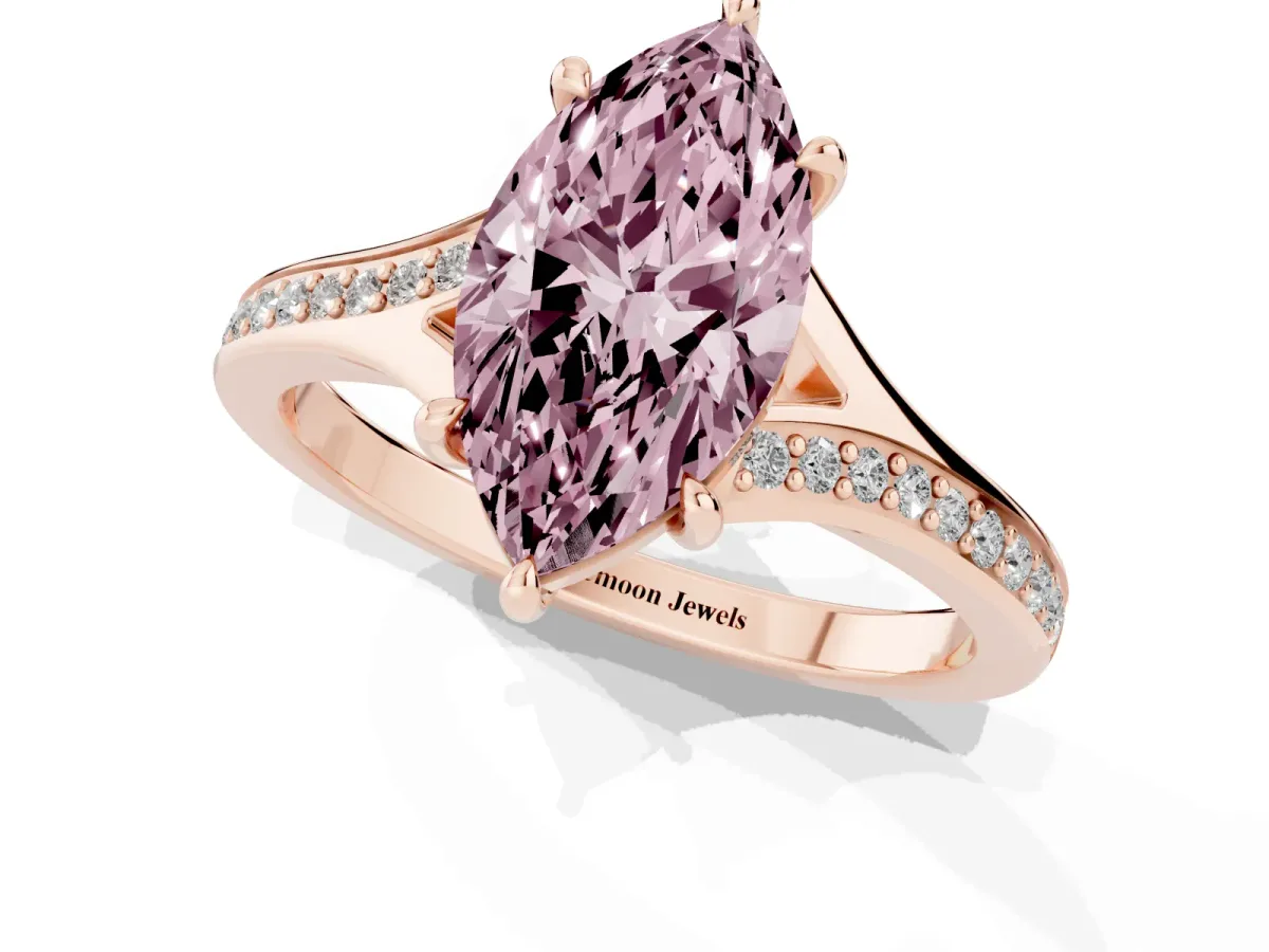 Fancy Pink Marquise Cut Diamond Solitaire Ring with Pavé Band and Prong Setting Rose gold