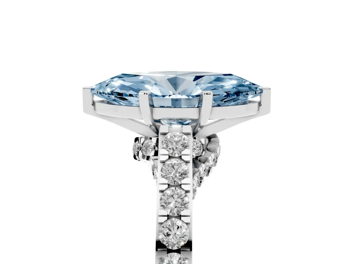 Fancy Blue Marquise Cut Diamond Solitaire Ring with Crossover Gallery and Round Pavé Band Silver