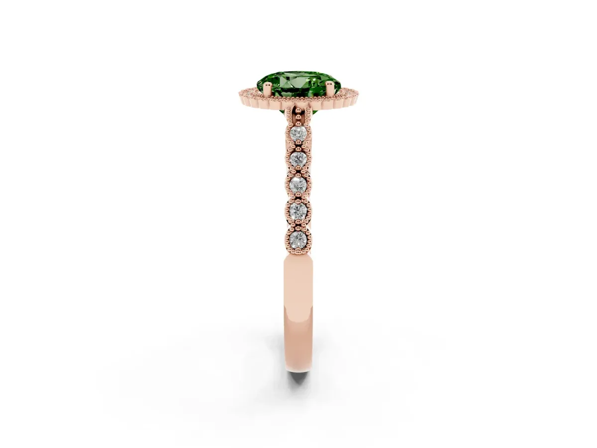 Fancy Green Round Cut Cut Halo Pavé Solitaire Ring with Milgrain Band Rose gold