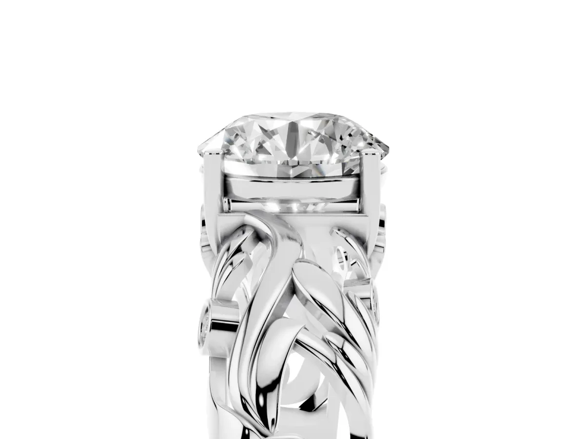 Round Cut Solitaire Diamond Leaf-Inspired Vine Band Ring with Prong Setting Platinum