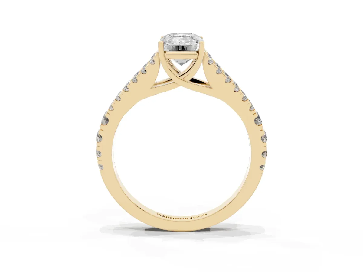 Emerald Cut Diamond Split Shank Pavé Engagement Ring with Four-Prong Setting Yellow gold