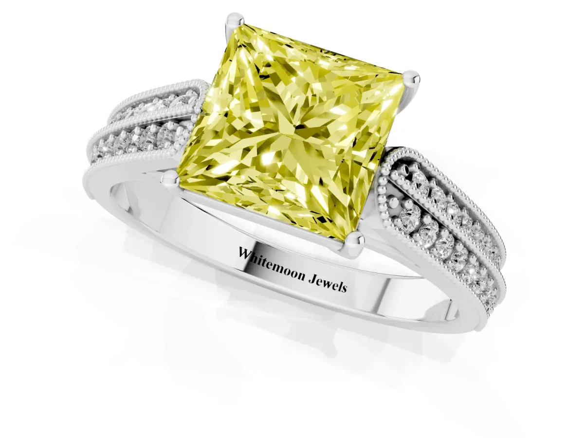 Fancy Yellow Princess Cut Cut Pave Split Shank Engagement Ring with Four-Prong Setting White gold