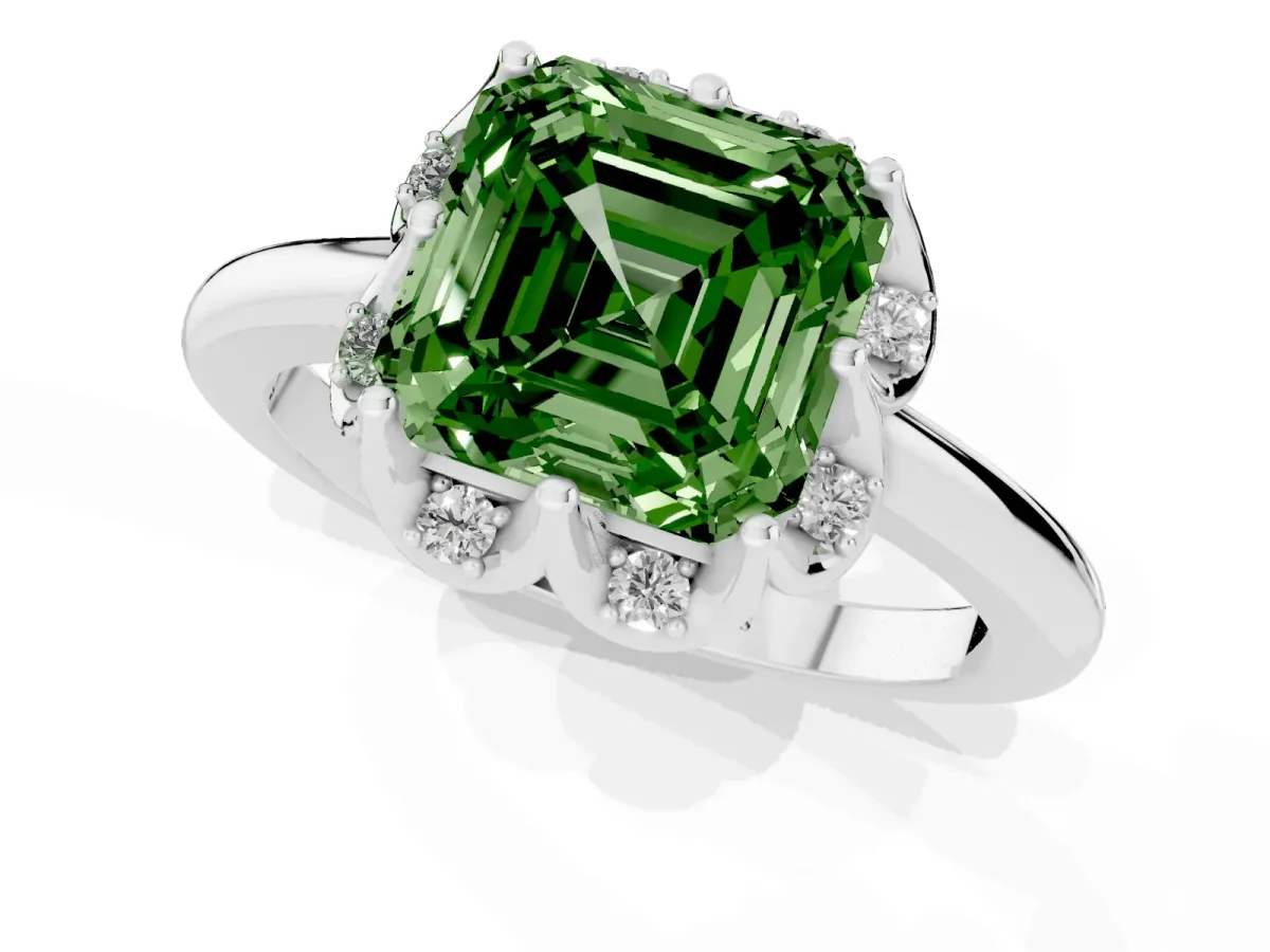 Fancy Green Asscher Cut Halo Diamond Ring with Round Cluster Setting, Solitaire Band, and Four-Prong Setting Platinum