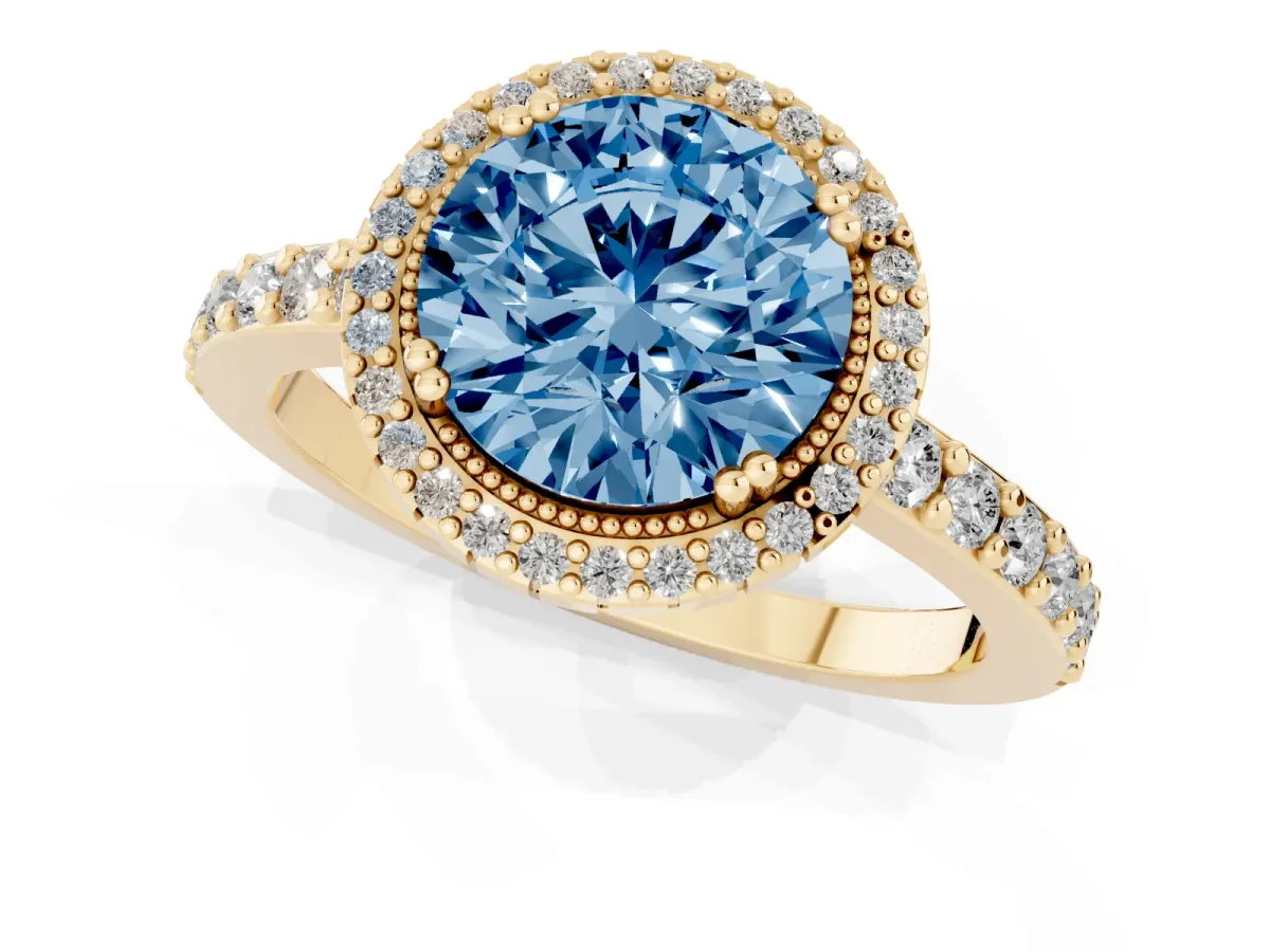 Fancy Blue Round Cut Cut Diamond Halo Engagement Ring with Milgrain Detail and Pavé Band Yellow gold