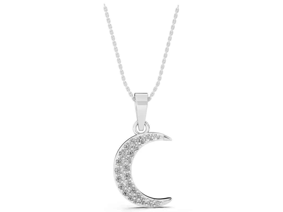 Pavé Round Diamond Crescent Pendant with Four-Prong Setting Silver