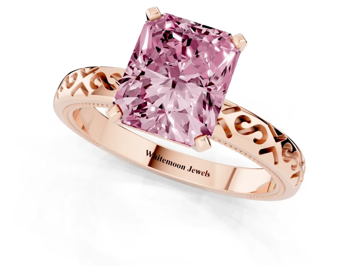 Fancy Pink Radiant Cut Solitaire Engagement Ring with Scrollwork Band and Four-Prong Setting Rose gold
