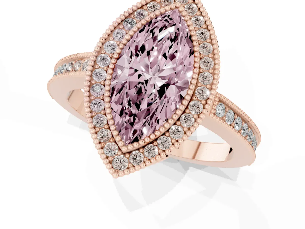 Fancy Pink Marquise Cut Cut Halo Diamond Ring with Pavé Band and Milgrain Prong Setting Rose gold
