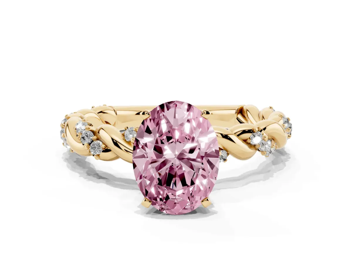 Fancy Pink Oval Cut Diamond Solitaire Ring with Twisted Band and Pavé Accents Yellow gold
