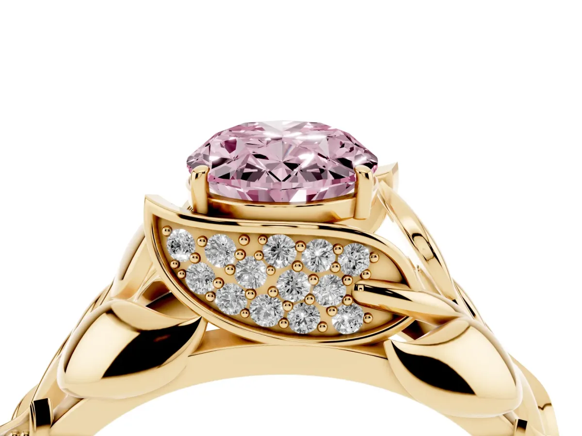 Fancy Pink Oval Cut Diamond Leaf-Inspired Engagement Ring with Round Accents and Prong Setting Yellow gold
