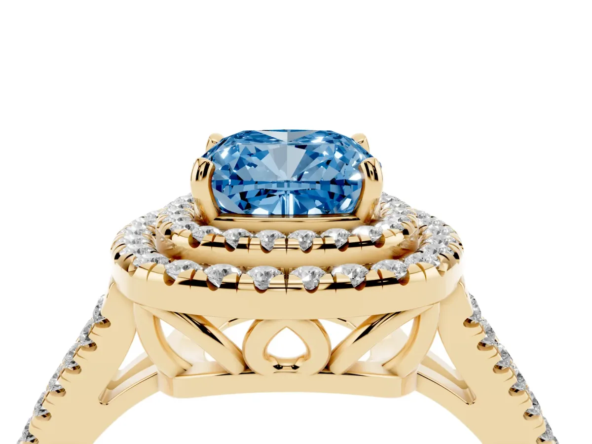 Fancy Blue Cushion Cut Diamond Double Halo Ring with Pavé Band and Prong Setting Yellow gold
