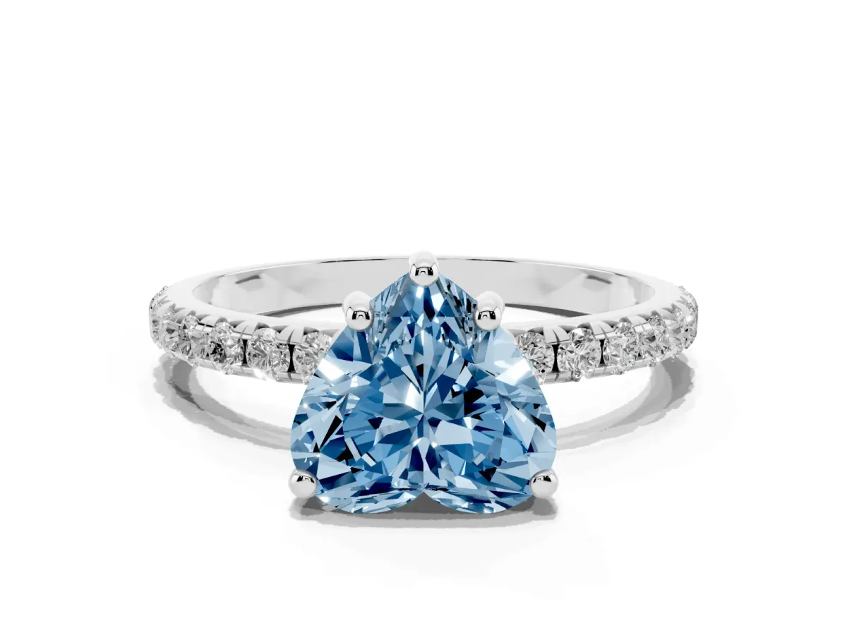 Fancy Blue Heart Cut Cut Diamond Solitaire Ring with Micro Pave Band and Four Prong Setting Silver