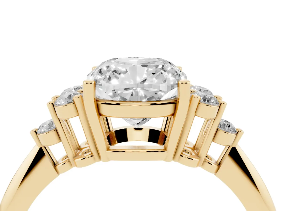 Cushion Cut Cut Diamond Cluster Ring with Solitaire Band and Four-Prong Setting Yellow gold