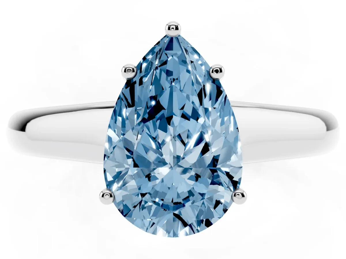 Fancy Blue Pear Cut Solitaire Engagement Ring with Tapered Band and Four-Prong Setting Platinum