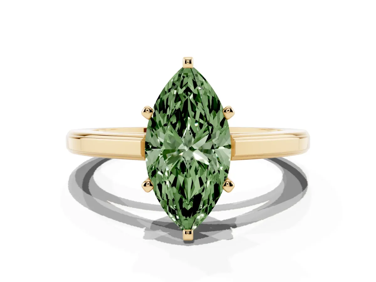 Fancy Green Marquise Cut Solitaire Diamond Ring with Four-Prong Setting and Classic Band Yellow gold