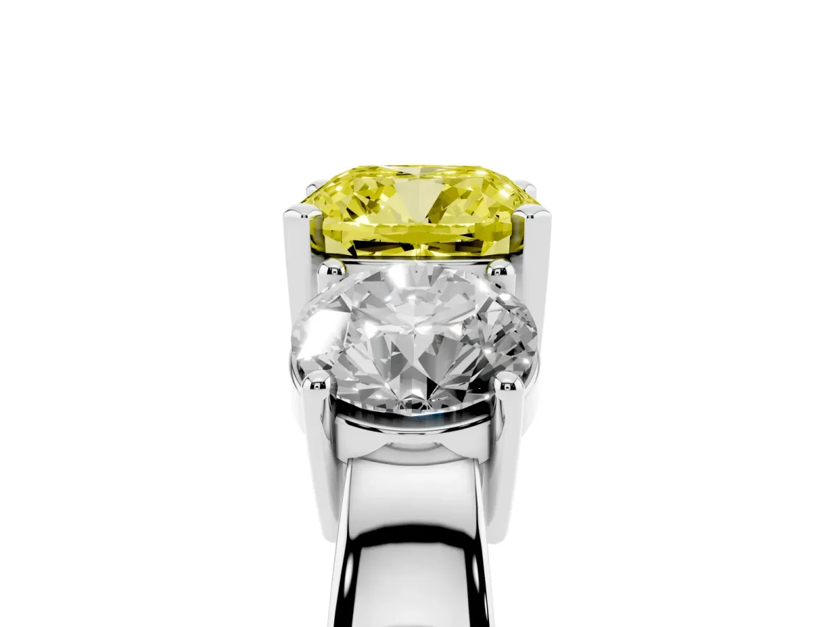 Fancy Yellow Three-Stone Cushion Cut Diamond Ring with Round Side Stones, Classic Band, and Four-Prong Setting Silver