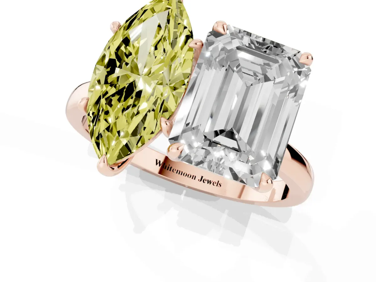 Fancy Yellow Marquise Cut and Emerald Cut Toi Moi Ring with Prong Setting Rose gold