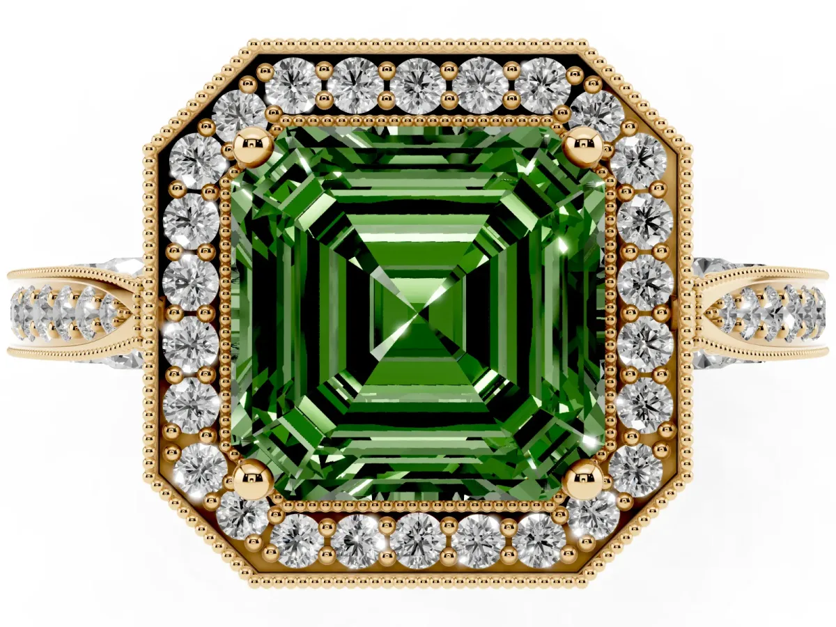 Fancy Green Asscher Cut Halo Diamond Engagement Ring with Split Shank Band and Four-Prong Setting Yellow gold