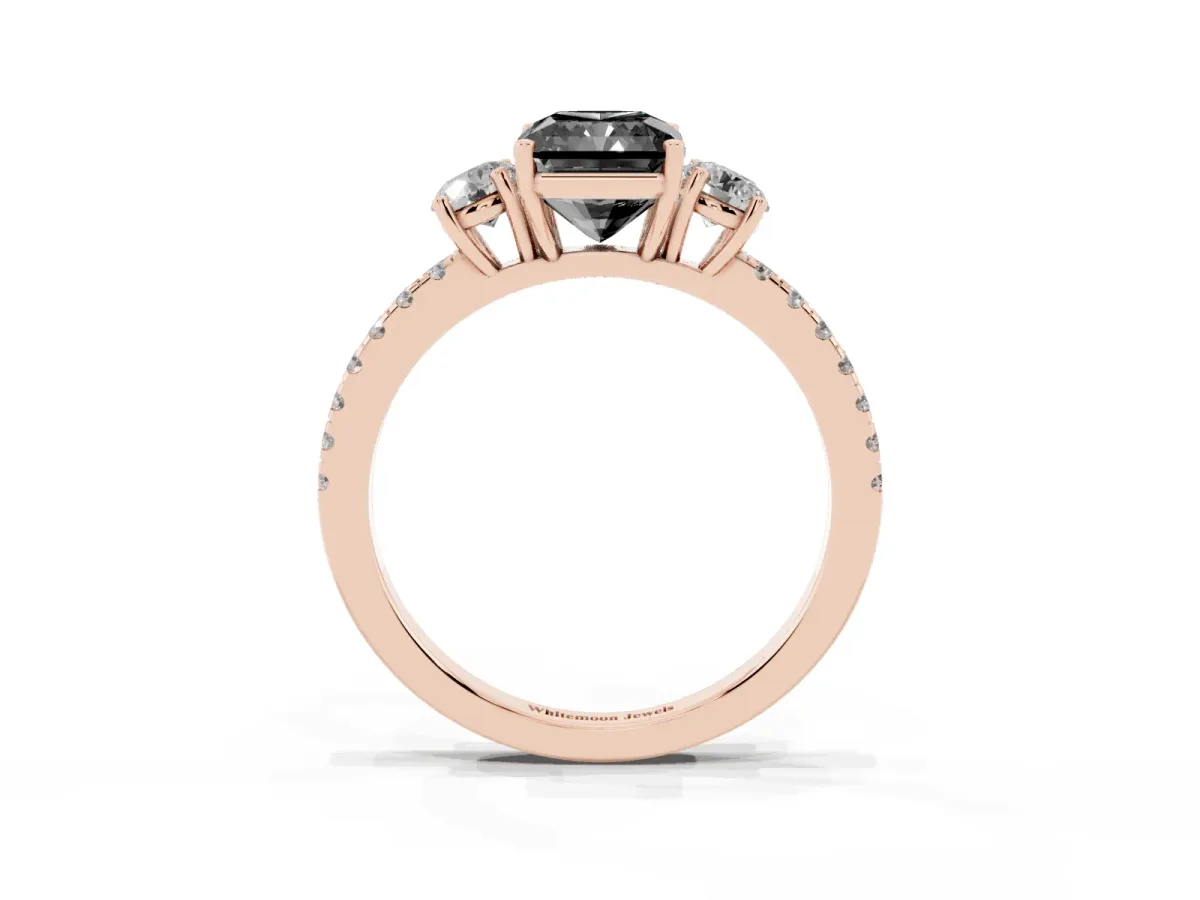 Fancy Black Three-Stone Radiant Cut Cut Diamond Pavé Band with Prong Setting Rose gold