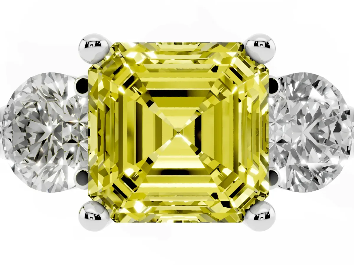 Fancy Yellow Three-Stone Asscher Cut Brilliant Cut Solitaire Ring with Prong Setting on a Classic Band White gold