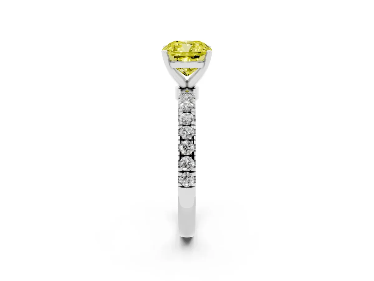 Fancy Yellow Cushion Cut Diamond Solitaire Ring with Pavé Accents and Four-Prong Setting Silver