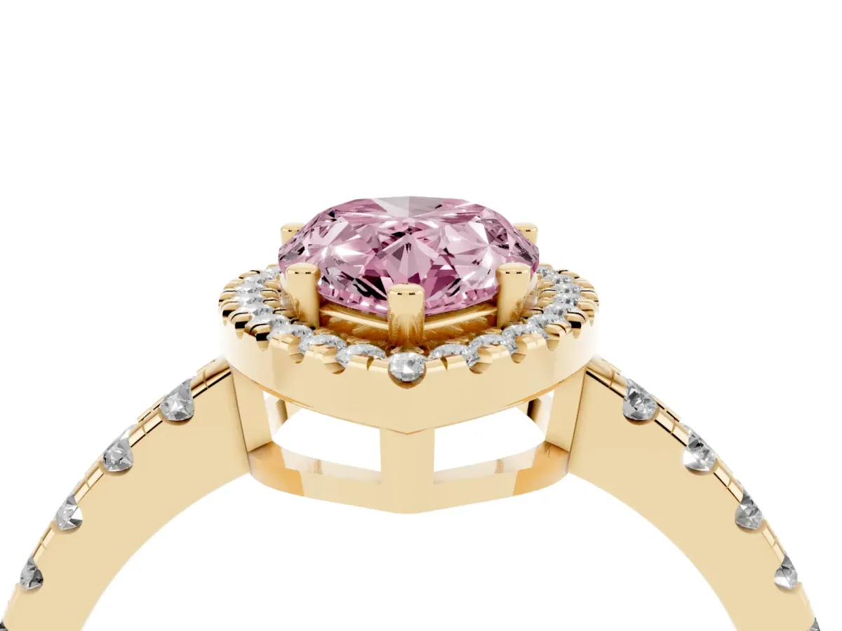 Fancy Pink Pear Cut Diamond Halo Ring with Pavé Band and Four-Prong Setting Yellow gold