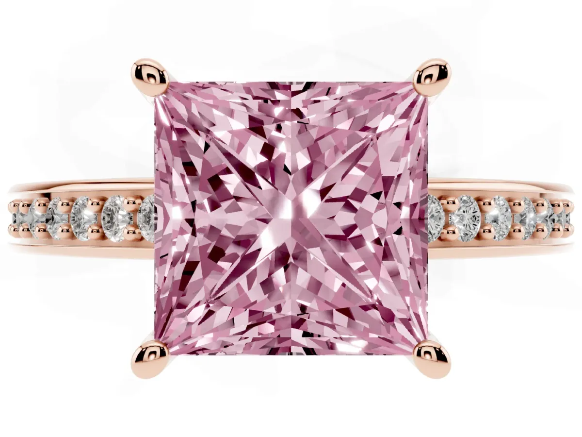 Fancy Pink Princess Cut Solitaire Pavé Band Prong Setting Ring Rose gold