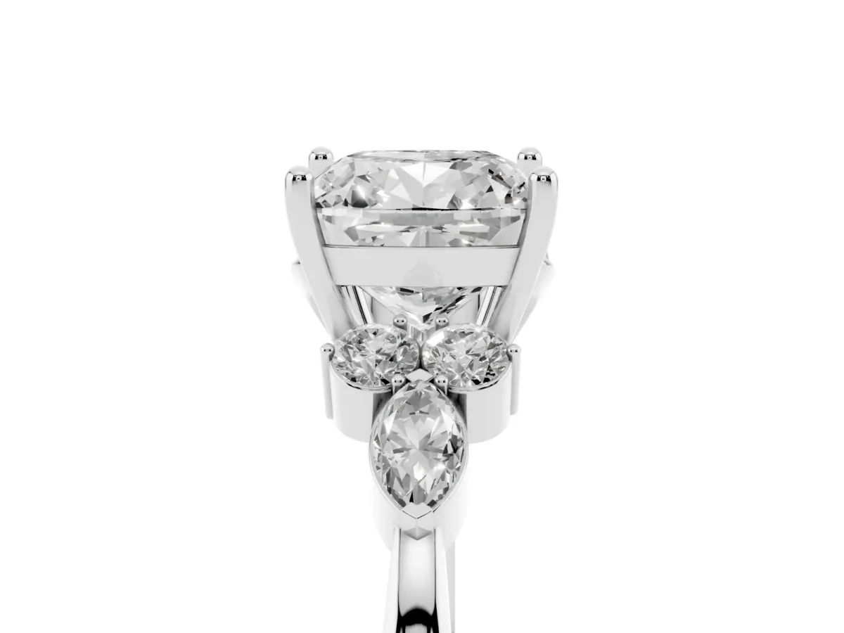 Cushion Cut Brilliant Diamond Solitaire Ring with Pear Side Stones and Four-Prong Setting Silver