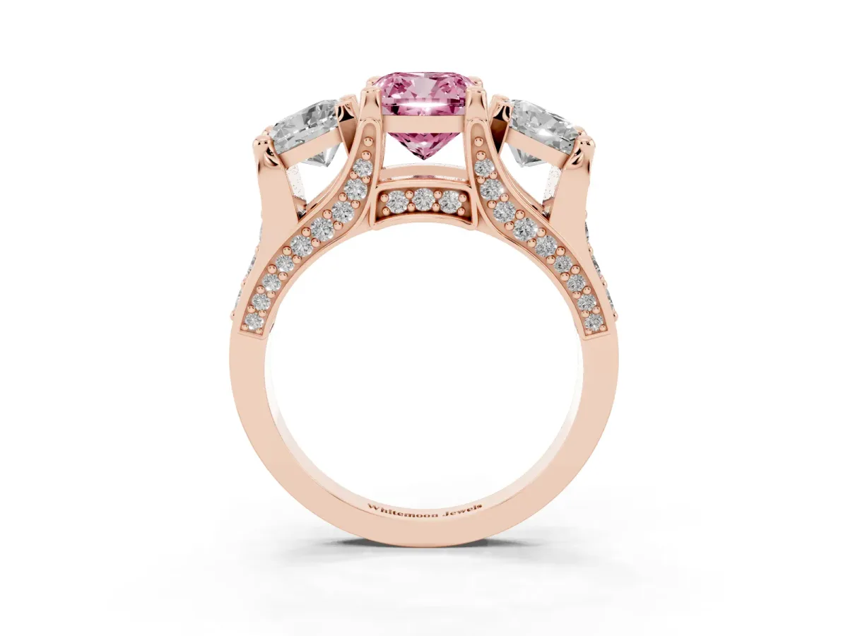 Fancy Pink Cushion Cut Diamond Three-Stone Ring with Channel Set Band and Four-Prong Setting Rose gold