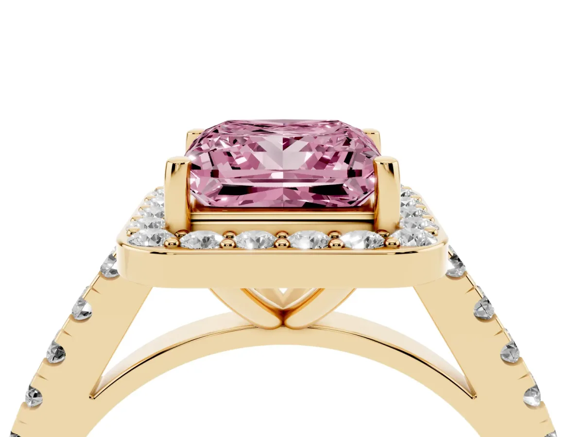 Fancy Pink Princess Cut Diamond Halo Ring with Round Pavé Split Shank and Prong Setting Yellow gold