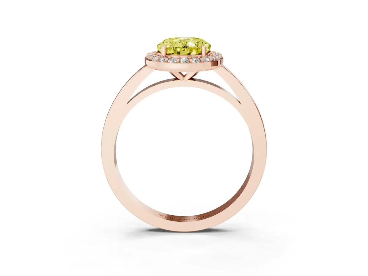 Fancy Yellow Oval Cut Halo Diamond Ring with Solitaire Band and Prong Setting Rose gold