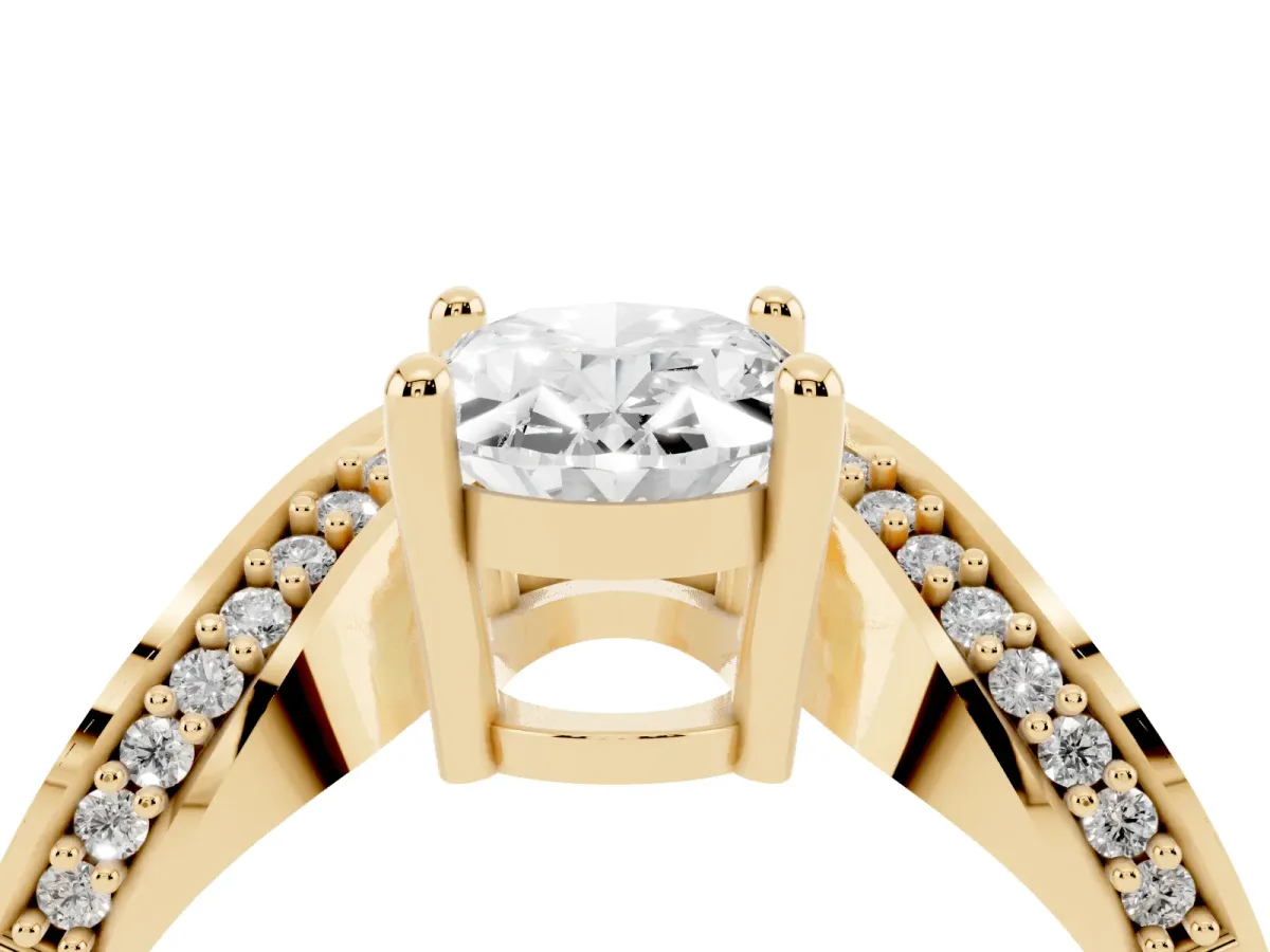 Oval Cut Solitaire Diamond Engagement Ring with Pave Band and Four-Prong Setting Yellow gold