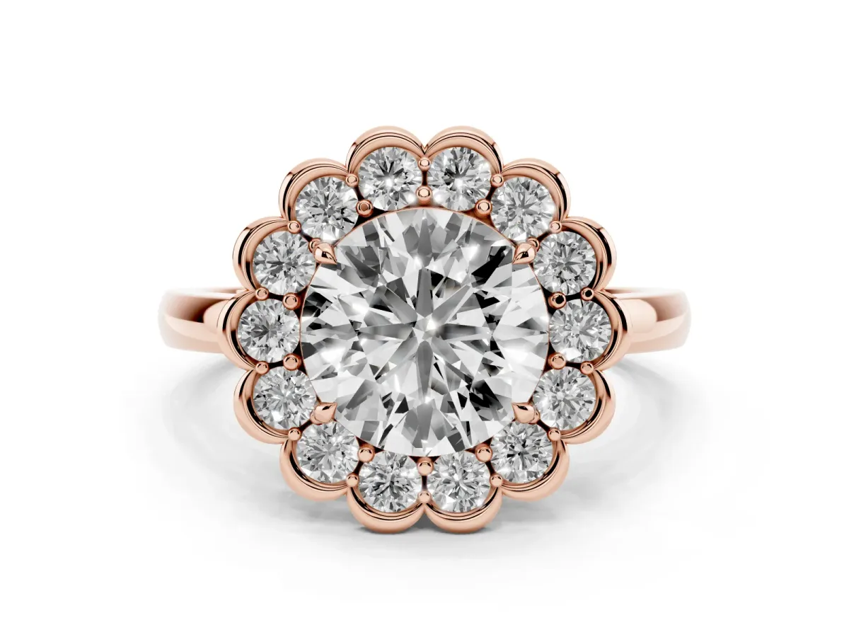 Round Cut Halo Cluster Diamond Engagement Ring with Solitaire Band and Prong Setting Rose gold