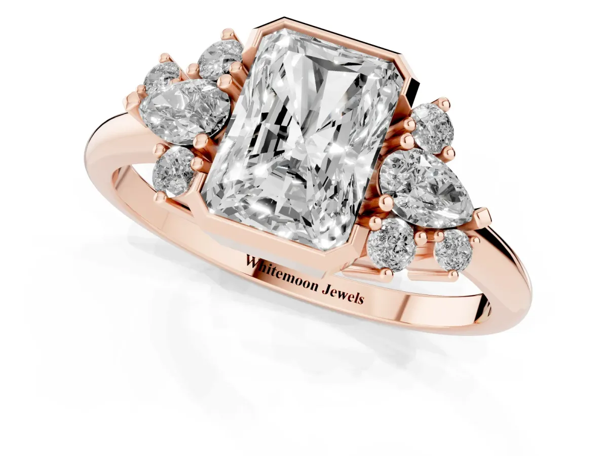 Radiant Diamond Engagement Ring with Pear and Round Side Stones Rose gold