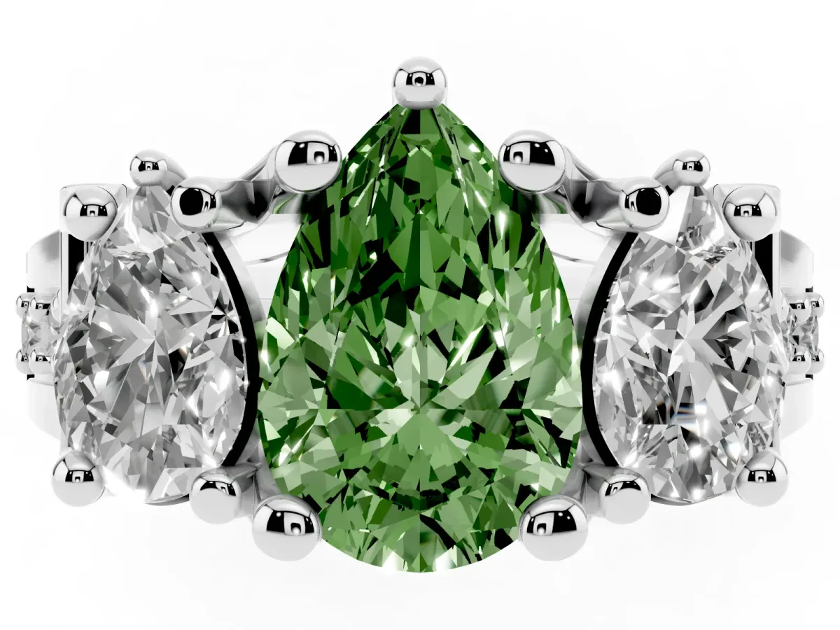 Fancy Green Pear Cut Diamond Three-Stone Ring with Channel Set Band and Four-Prong Setting Silver