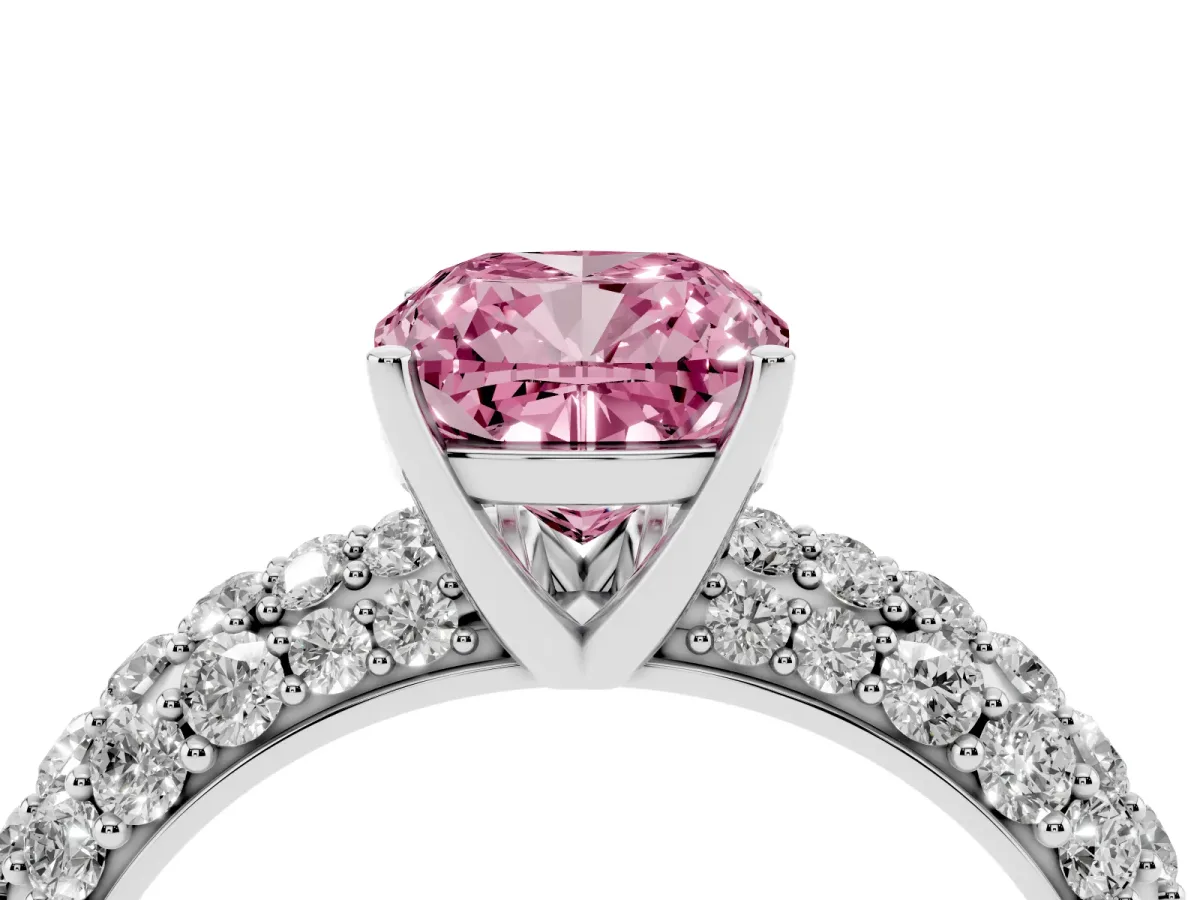 Fancy Pink Cushion Cut Diamond Pavé Band Solitaire Ring with Four-Prong Setting Silver