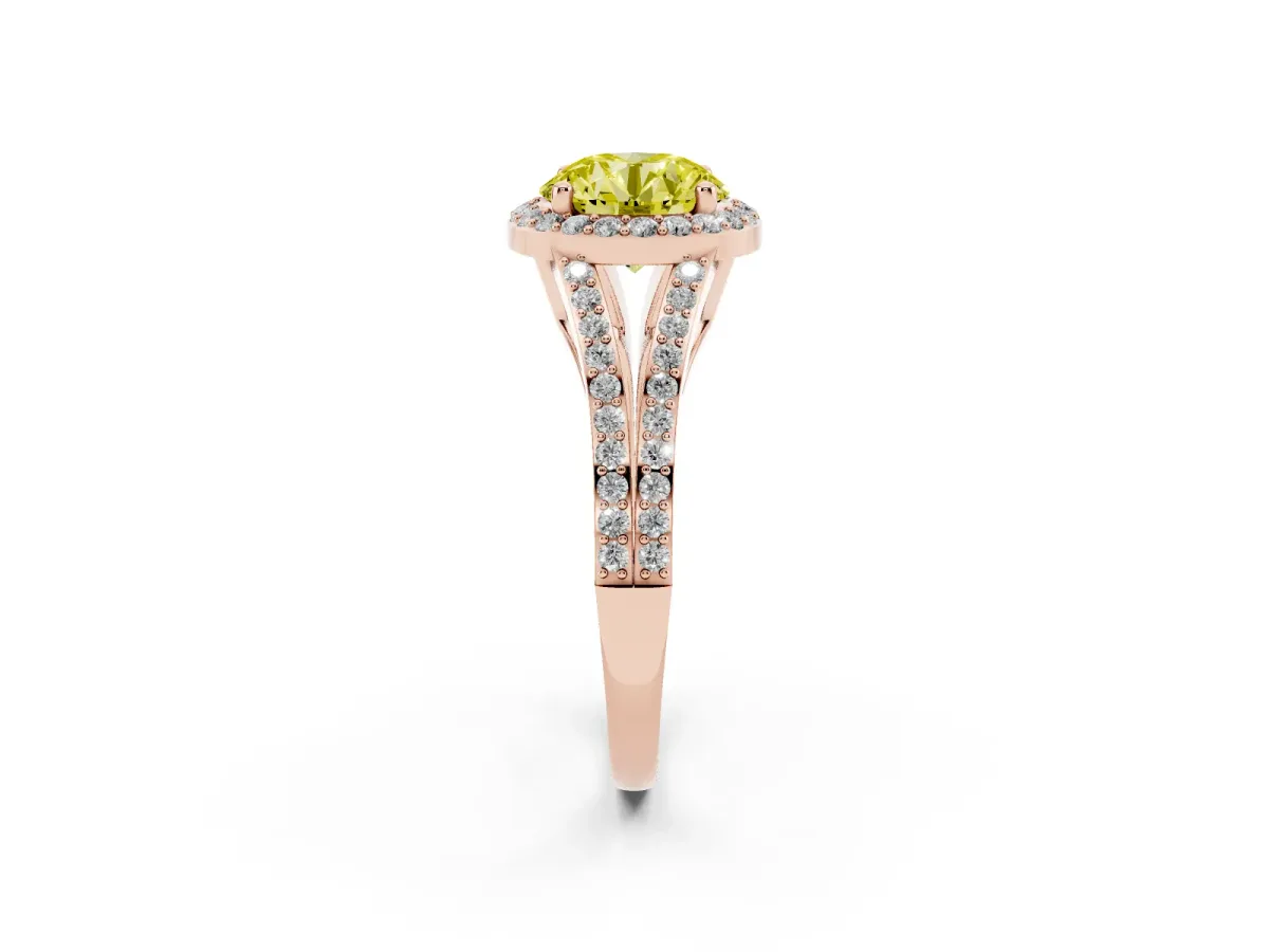 Fancy Yellow Round Cut Halo Split Shank Diamond Ring with Prong Setting Rose gold