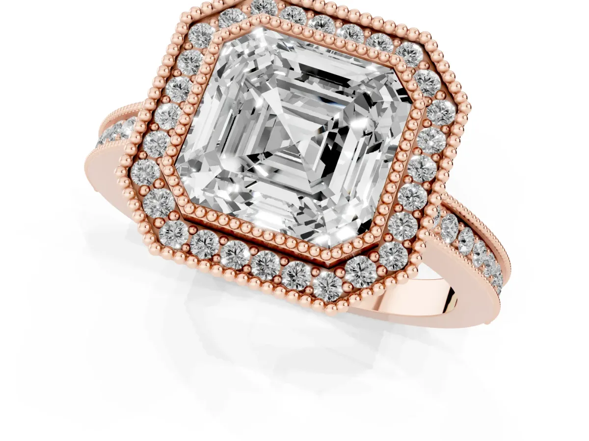 Asscher Cut Cut Halo Diamond Ring with Pavé Band and Milgrain Prong Setting Rose gold