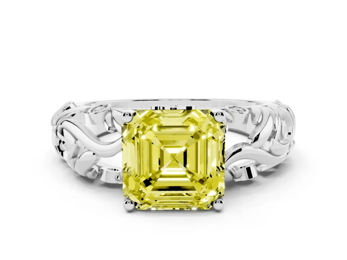 Fancy Yellow Asscher Cut Solitaire Diamond Leaf-Inspired Vine Band Ring with Prong Setting Platinum