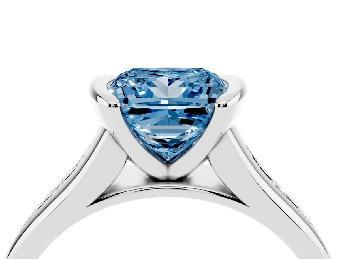 Fancy Blue Princess Cut Solitaire Bezel-Set Diamond Ring with Channel-Set Band Silver