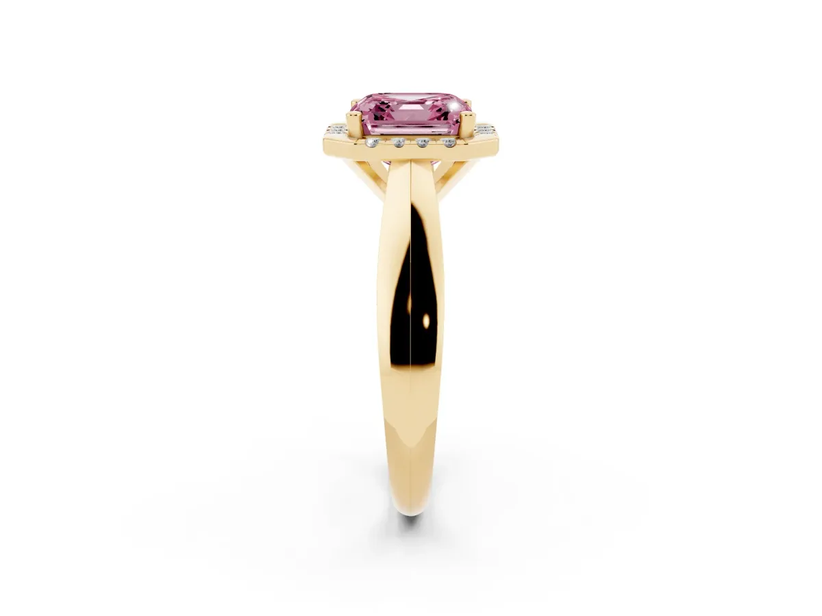 Fancy Pink Asscher Cut Cut Halo Solitaire Engagement Ring with Square Band and Four-Prong Setting Yellow gold