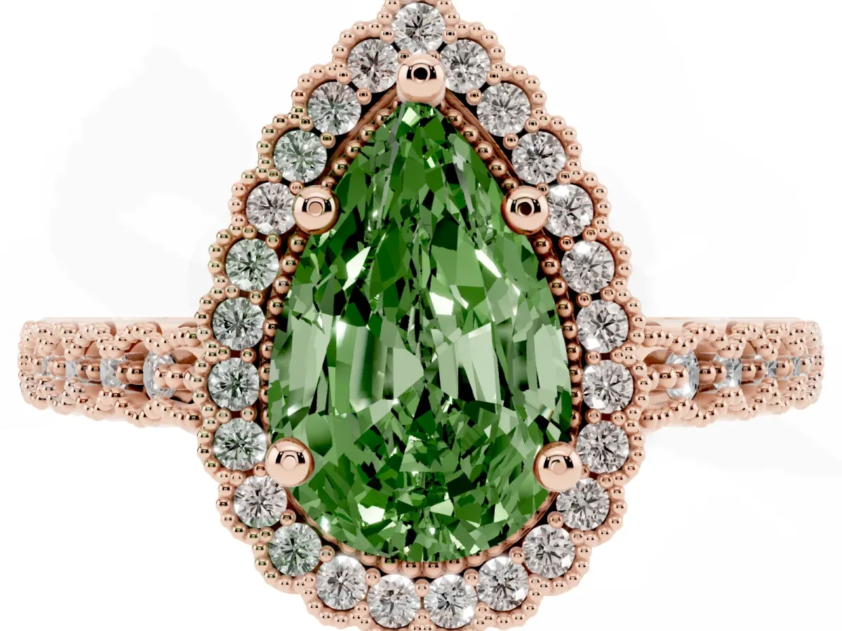 Fancy Green Pear Cut Cut Halo Pavé Solitaire Ring with Milgrain Band Rose gold