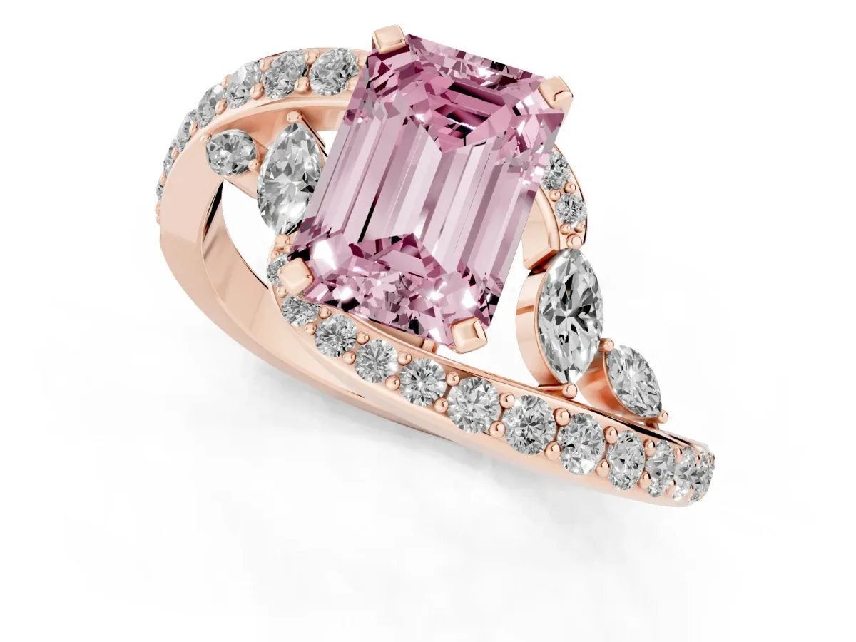 Fancy Pink Emerald Cut Solitaire with Pavé Twist Band and Four-Prong Setting Rose gold