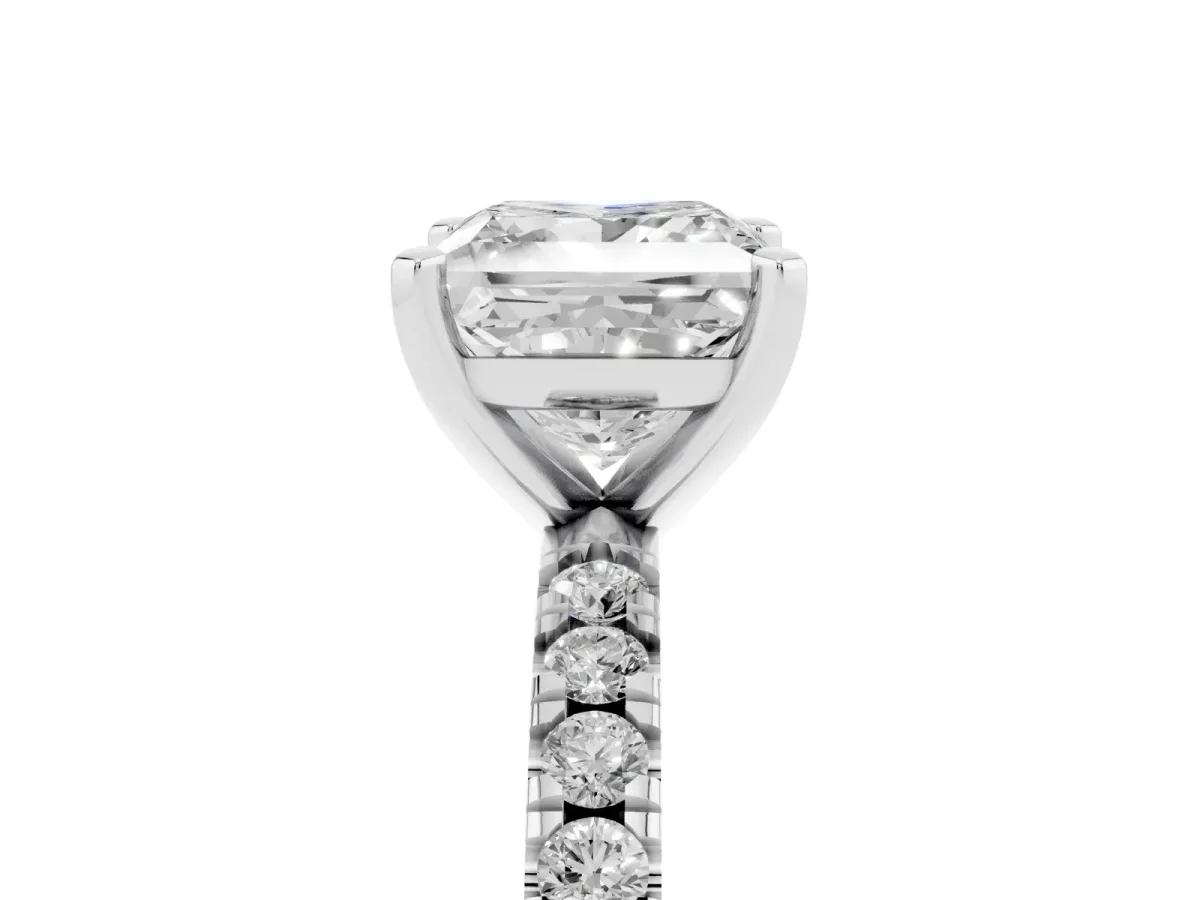 Princess Cut Diamond Pavé Band Solitaire with Four-Prong Setting Silver