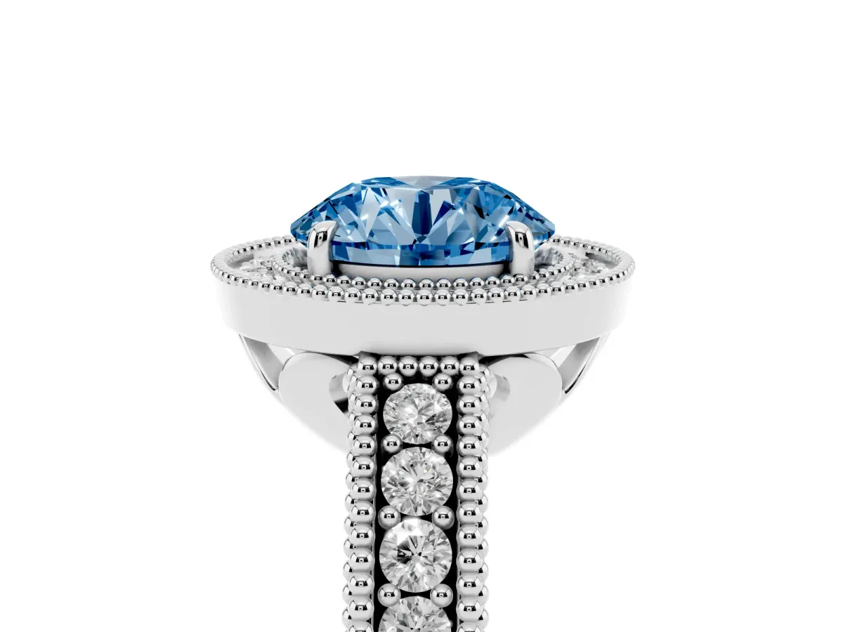 Fancy Blue Round Cut Cut Halo Diamond Ring with Pavé Band and Four-Prong Setting Silver