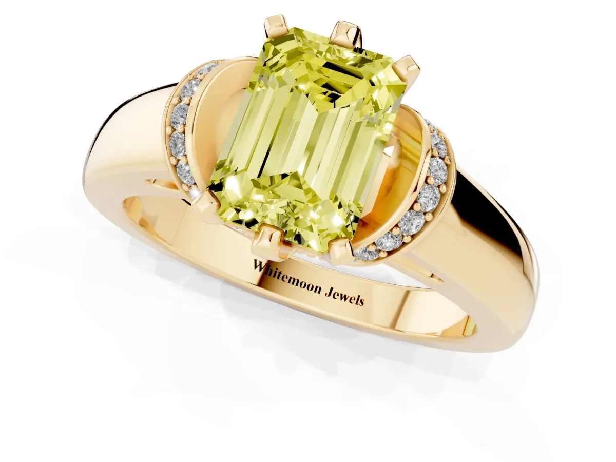Fancy Yellow Emerald Cut Solitaire Diamond Ring with Pave Band and Six-Prong Setting Yellow gold