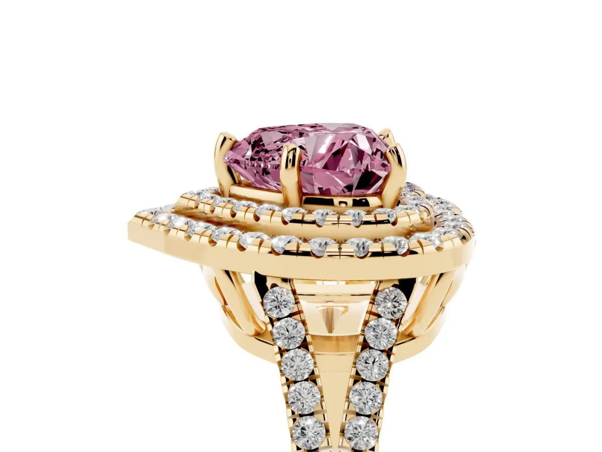 Fancy Pink Heart Cut Diamond Double Halo Ring with Pavé Band and Prong Setting Yellow gold