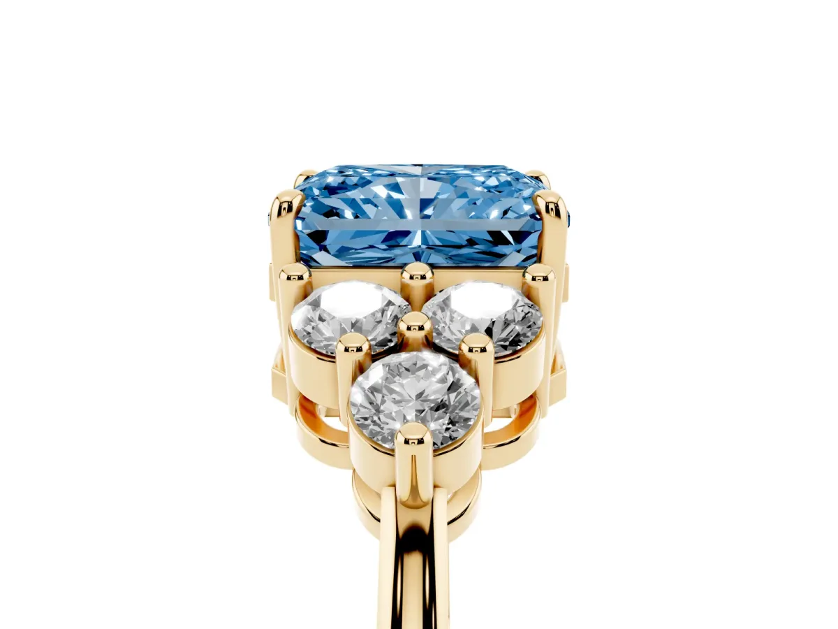 Fancy Blue Radiant Cut Brilliant Diamond Cluster Accent Solitaire Ring with Prong Setting Yellow gold