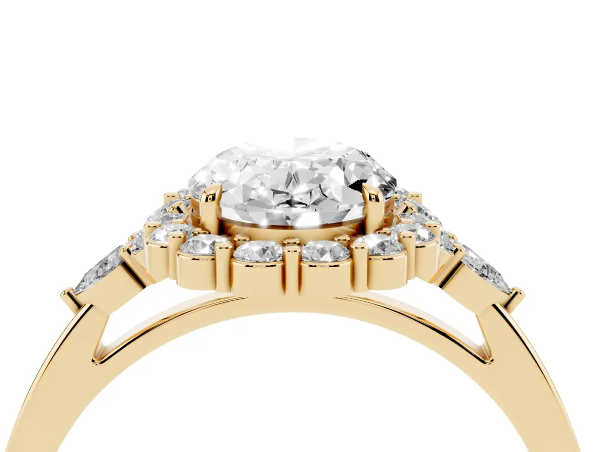 Oval Cut Diamond Halo Ring with Pear Side Stones and Prong Setting Yellow gold