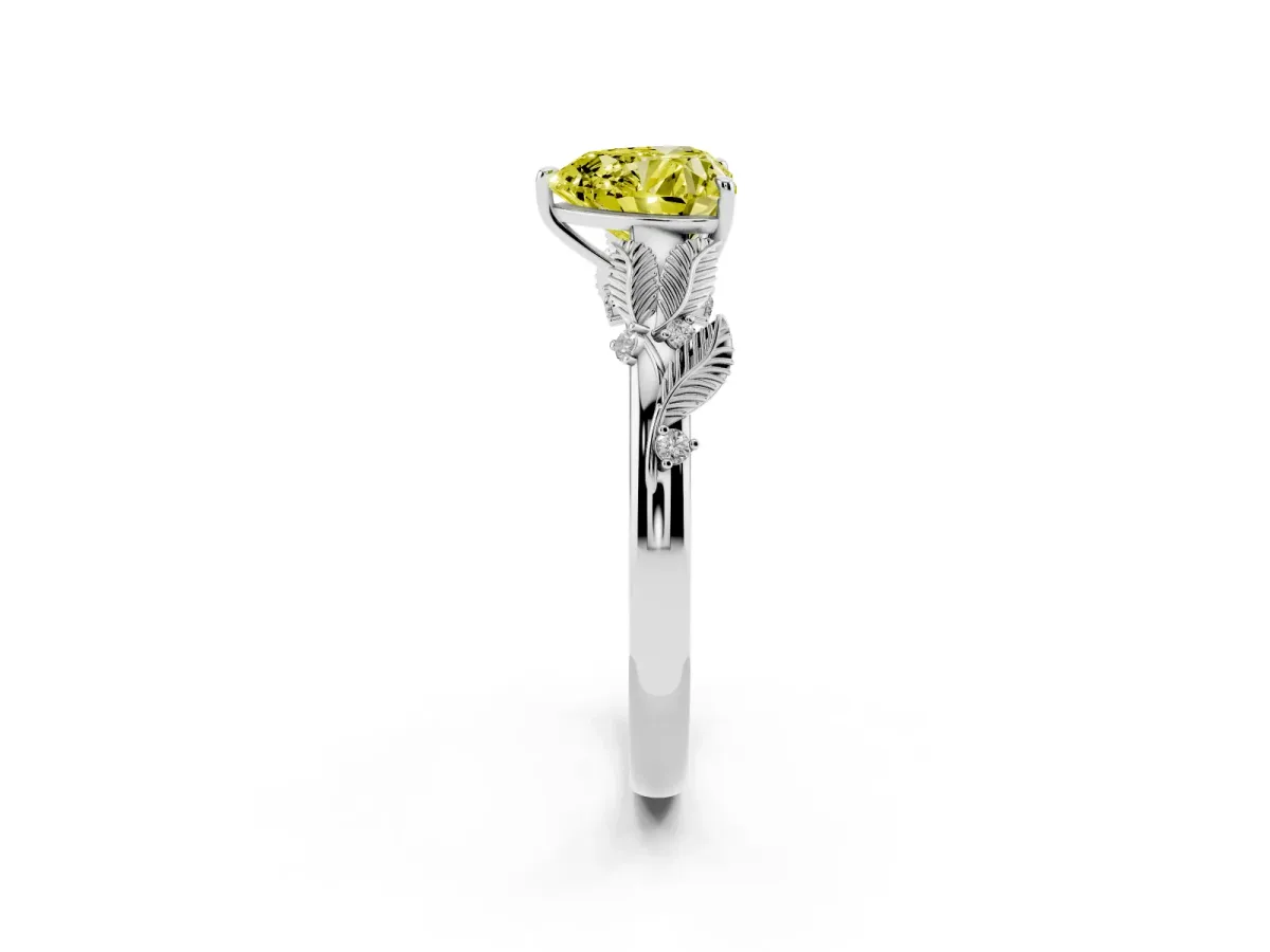 Fancy Yellow Heart Cut Diamond Solitaire Ring with Leaf Motif Band and Four-Prong Setting Silver